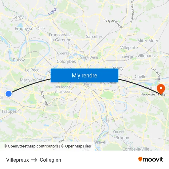 Villepreux to Collegien map
