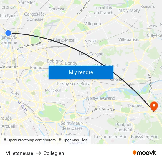 Villetaneuse to Collegien map