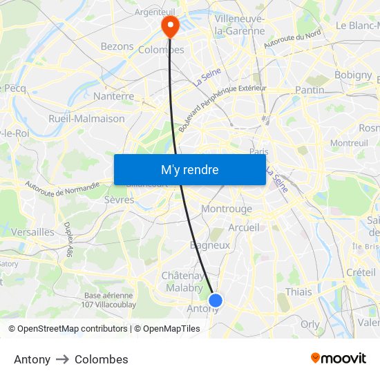 Antony to Colombes map