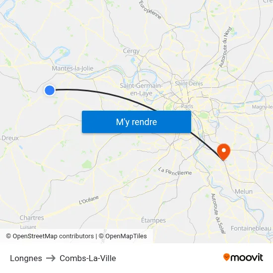 Longnes to Combs-La-Ville map