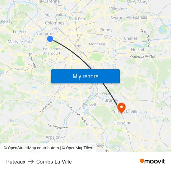 Puteaux to Combs-La-Ville map