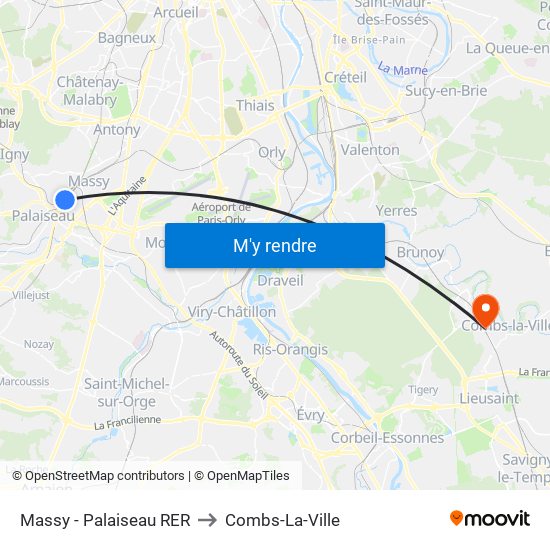 Massy - Palaiseau RER to Combs-La-Ville map