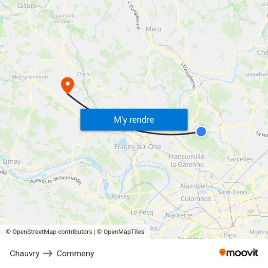 Chauvry to Commeny map