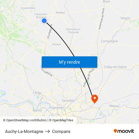 Auchy-La-Montagne to Compans map