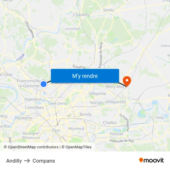 Andilly to Compans map