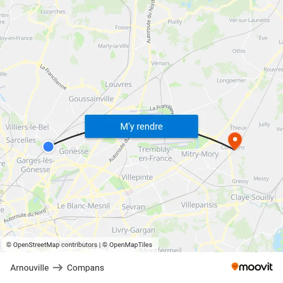 Arnouville to Compans map