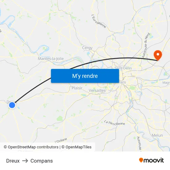 Dreux to Compans map