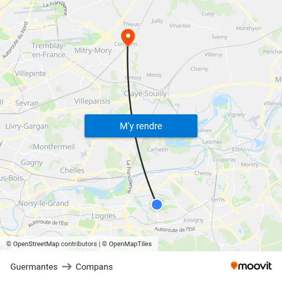 Guermantes to Compans map