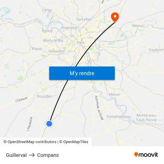 Guillerval to Compans map