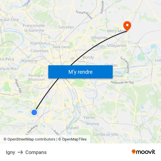 Igny to Compans map