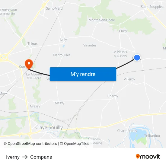 Iverny to Compans map
