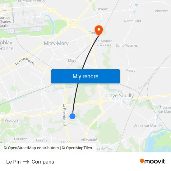 Le Pin to Compans map