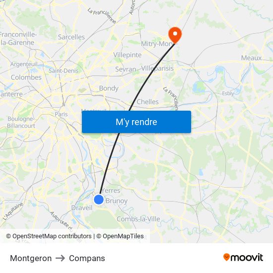 Montgeron to Compans map