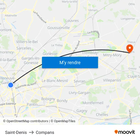 Saint-Denis to Compans map