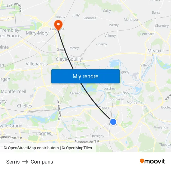 Serris to Compans map