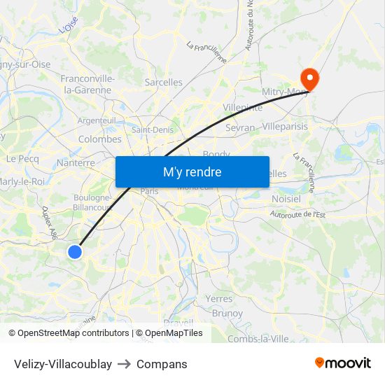 Velizy-Villacoublay to Compans map