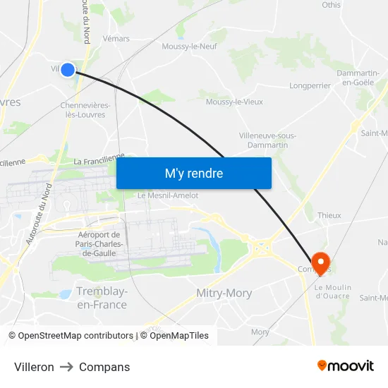 Villeron to Compans map