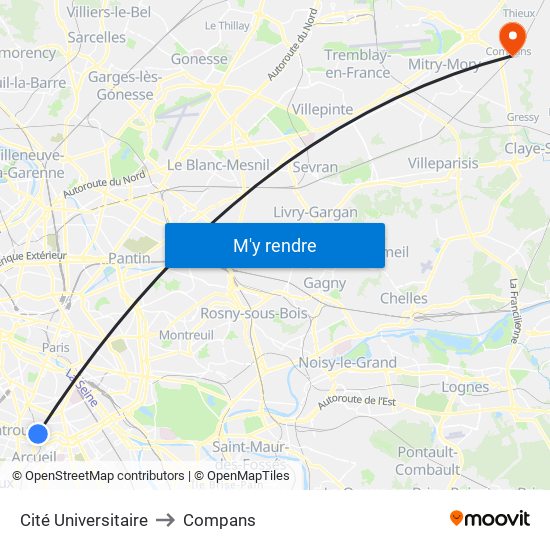 Cité Universitaire to Compans map
