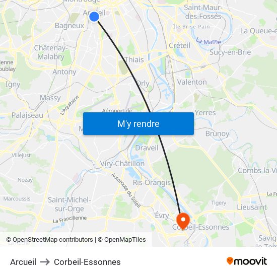 Arcueil to Corbeil-Essonnes map