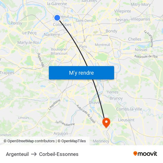 Argenteuil to Corbeil-Essonnes map