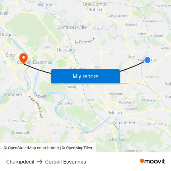 Champdeuil to Corbeil-Essonnes map