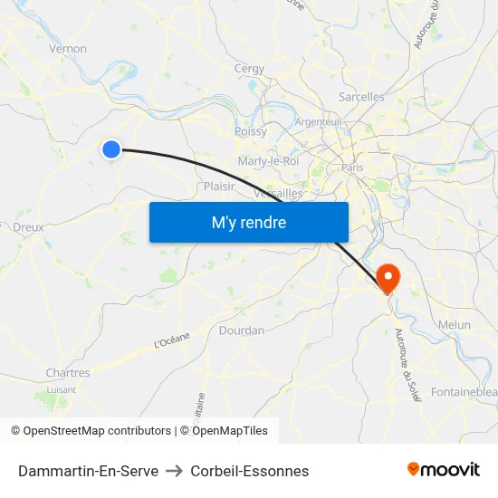 Dammartin-En-Serve to Corbeil-Essonnes map