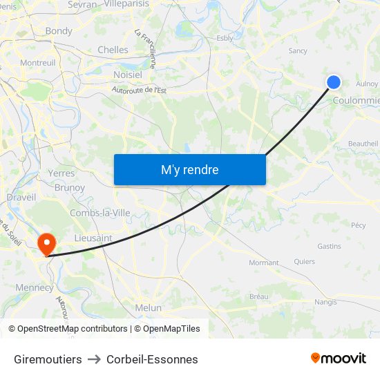 Giremoutiers to Corbeil-Essonnes map