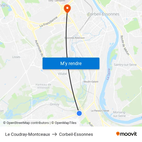 Le Coudray-Montceaux to Corbeil-Essonnes map