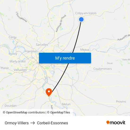 Ormoy-Villers to Corbeil-Essonnes map