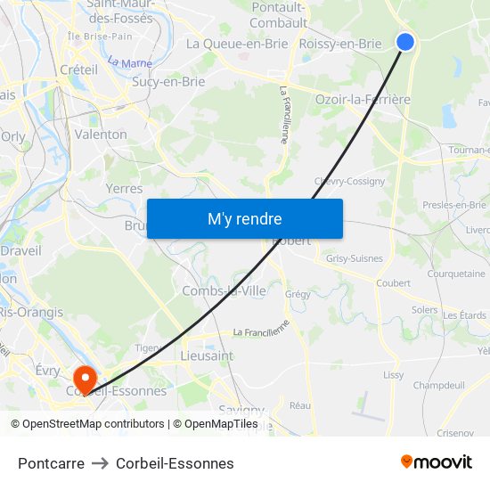 Pontcarre to Corbeil-Essonnes map