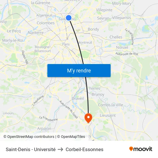 Saint-Denis - Université to Corbeil-Essonnes map