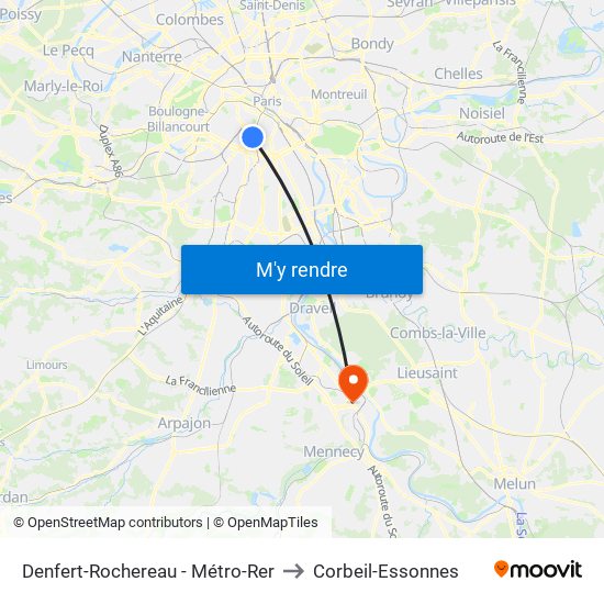 Denfert-Rochereau - Métro-Rer to Corbeil-Essonnes map