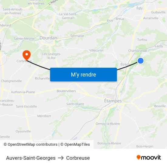 Auvers-Saint-Georges to Corbreuse map