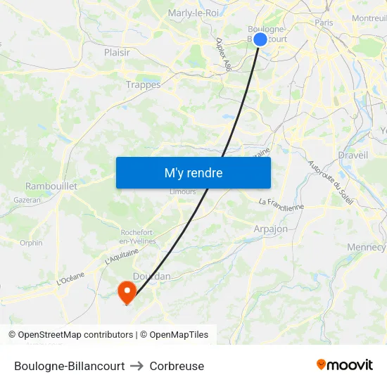 Boulogne-Billancourt to Corbreuse map