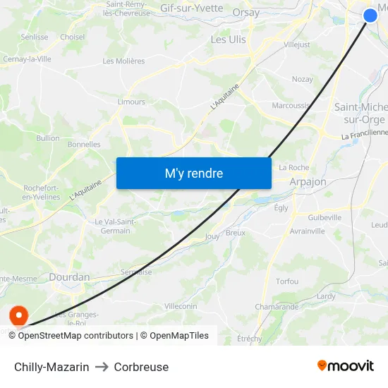 Chilly-Mazarin to Corbreuse map