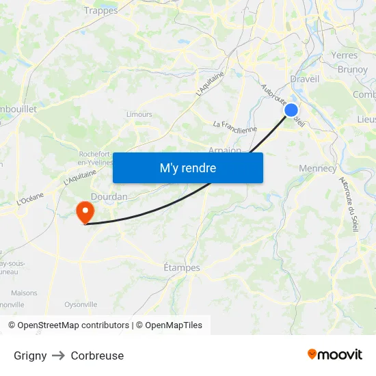 Grigny to Corbreuse map