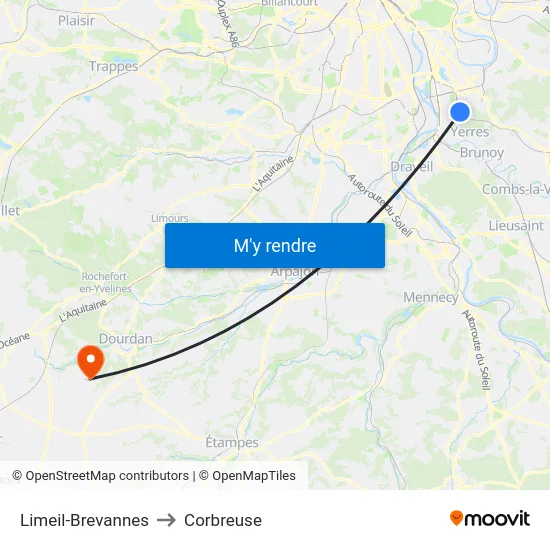 Limeil-Brevannes to Corbreuse map