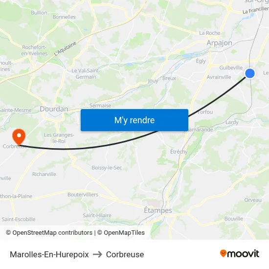 Marolles-En-Hurepoix to Corbreuse map