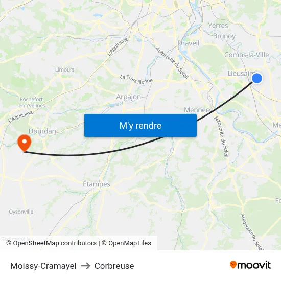Moissy-Cramayel to Corbreuse map