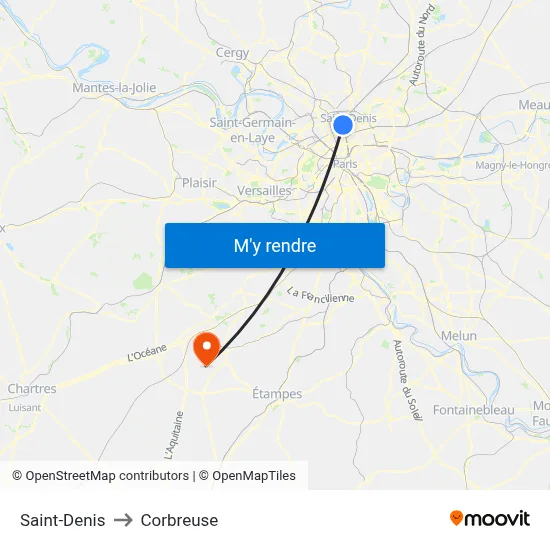 Saint-Denis to Corbreuse map