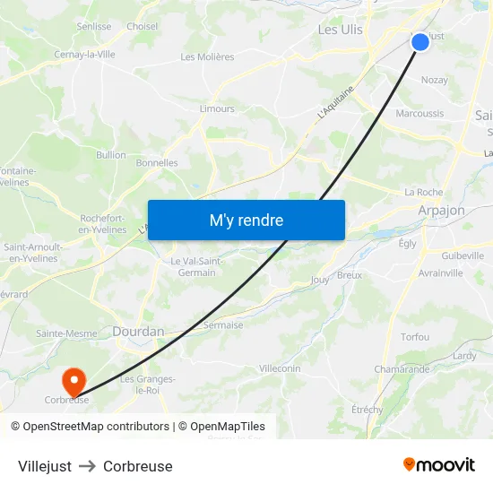Villejust to Corbreuse map