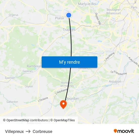 Villepreux to Corbreuse map
