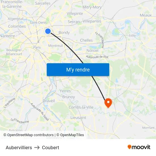 Aubervilliers to Coubert map