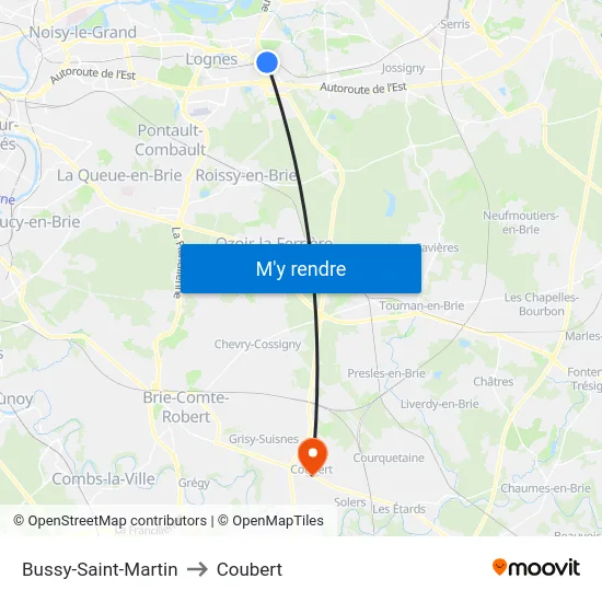 Bussy-Saint-Martin to Coubert map