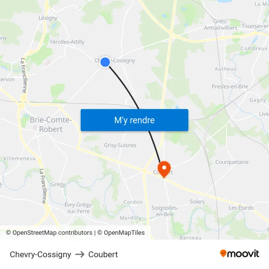 Chevry-Cossigny to Coubert map