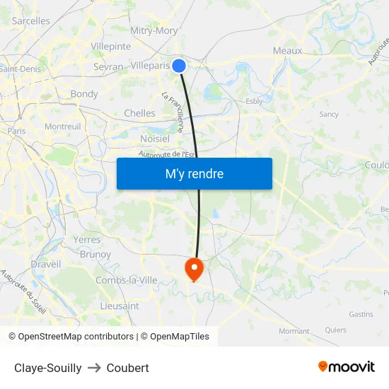 Claye-Souilly to Coubert map