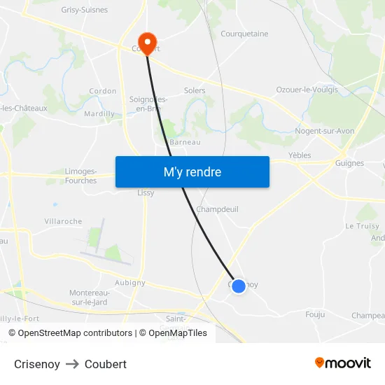 Crisenoy to Coubert map