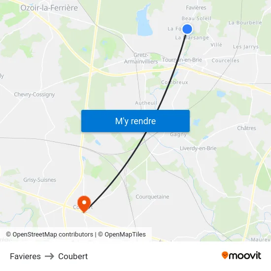 Favieres to Coubert map