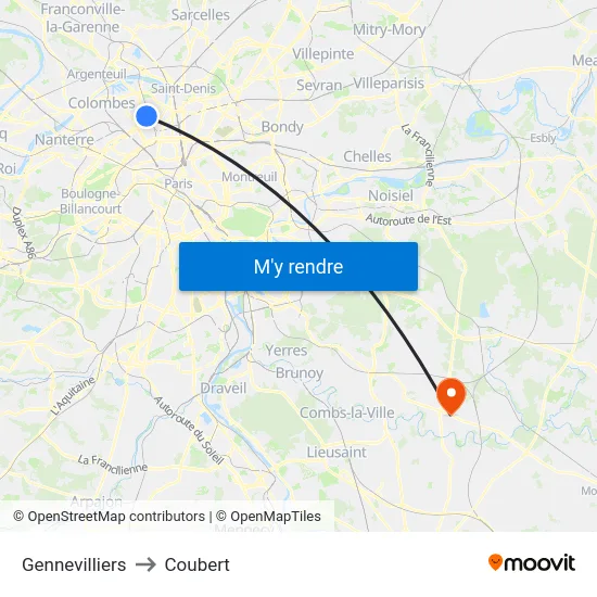 Gennevilliers to Coubert map