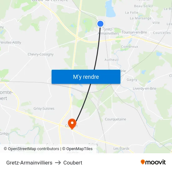 Gretz-Armainvilliers to Coubert map